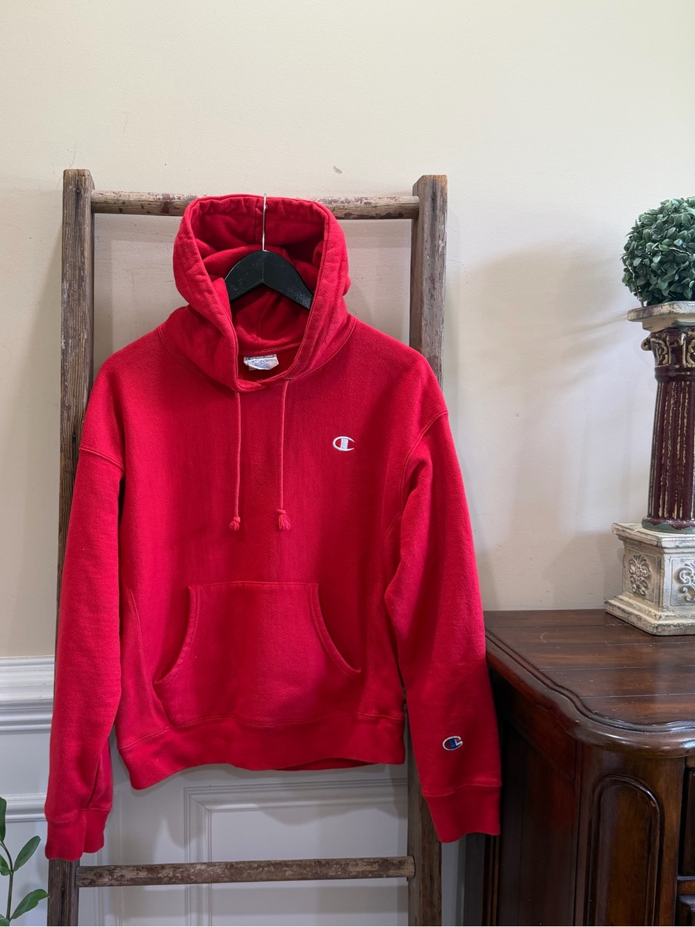 Champion Men's Red Crewneck Hoodie with Small Logo